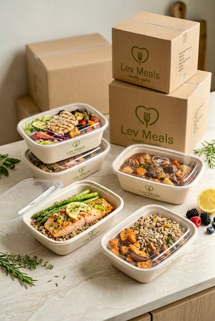 A spread of Lev Meals prepared meals with branded delivery boxes
